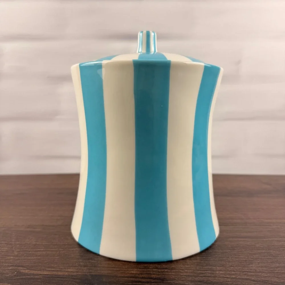 Jonathan Adler Vice MEOW Canister Blue White Striped Porcelain Lidded Jar